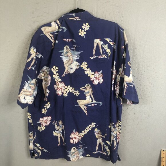 Vintage Hawaiian Shirt Mens 2X Blue Pinup Girls Retro Beach Bikinis Sailors - Picture 4 of 16